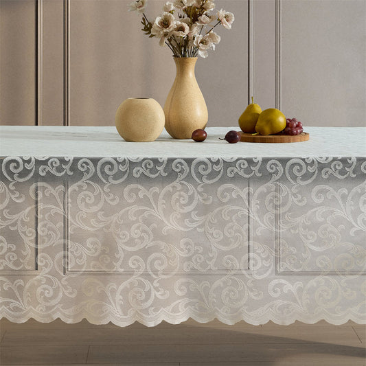Stefani Floral Lace Fabric Tablecloth, Lace Fabric Table Cloth for Round Tables, Wrinkle Resistant Tablecloth, Patterned Scalloped