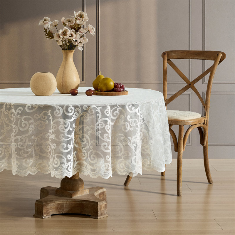 Stefani Floral Lace Fabric Tablecloth, Lace Fabric Table Cloth for Round Tables, Wrinkle Resistant Tablecloth, Patterned Scalloped
