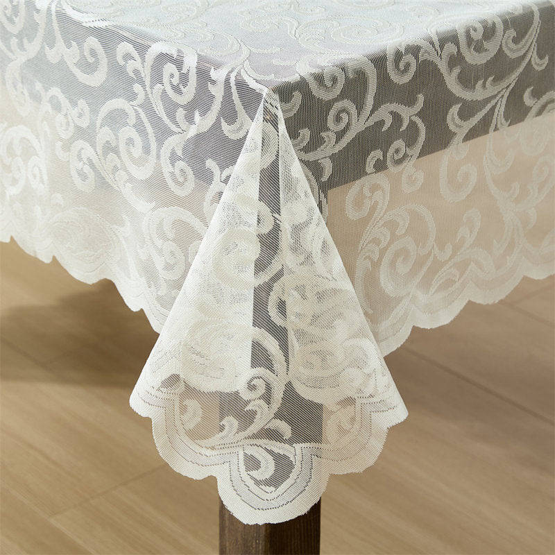 Stefani Floral Lace Fabric Tablecloth, Lace Fabric Table Cloth for Round Tables, Wrinkle Resistant Tablecloth, Patterned Scalloped